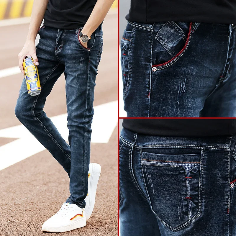 Fashion Men's Jeans Pants Stretch Dark Blue Skinny Jeans For Men Casual Slim Fit Denim Pants Korean Style Male Trousers Jeans