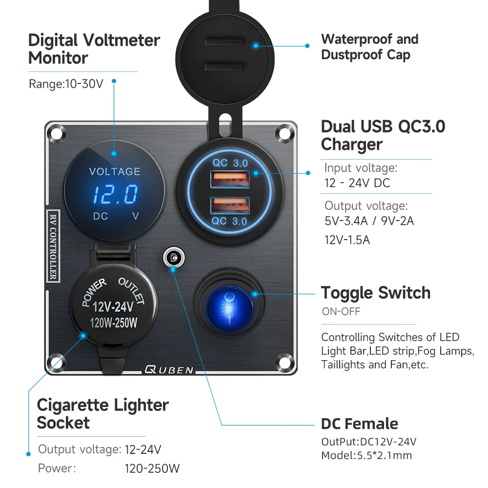 12v Usb Dual Car Cigarette Lighter Socket Charger Mobile Phone Power Waterproof Usb Port Adapter 5v Sockets Voltmeter Digital — view 2