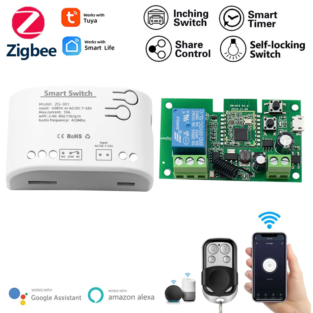 

12V 24V ZIGBEE Smart Wifi Motor Switch Module 1CH AC/DC 5V 7-32V RF 433 Radio Remote Control Inching Relay for Alexa Google Home