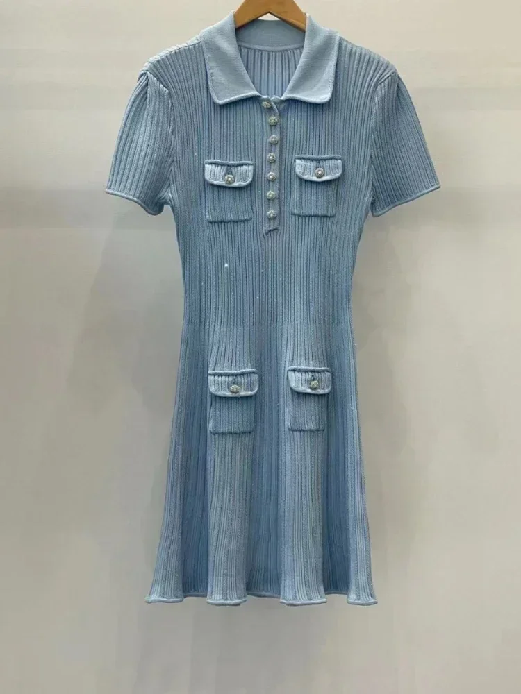 

Blue 2024 Casual Sweet Turn Down Collar Single Breasted Ruffles Short Sleeve New Knit Summer High Quality Woman Mini Dress