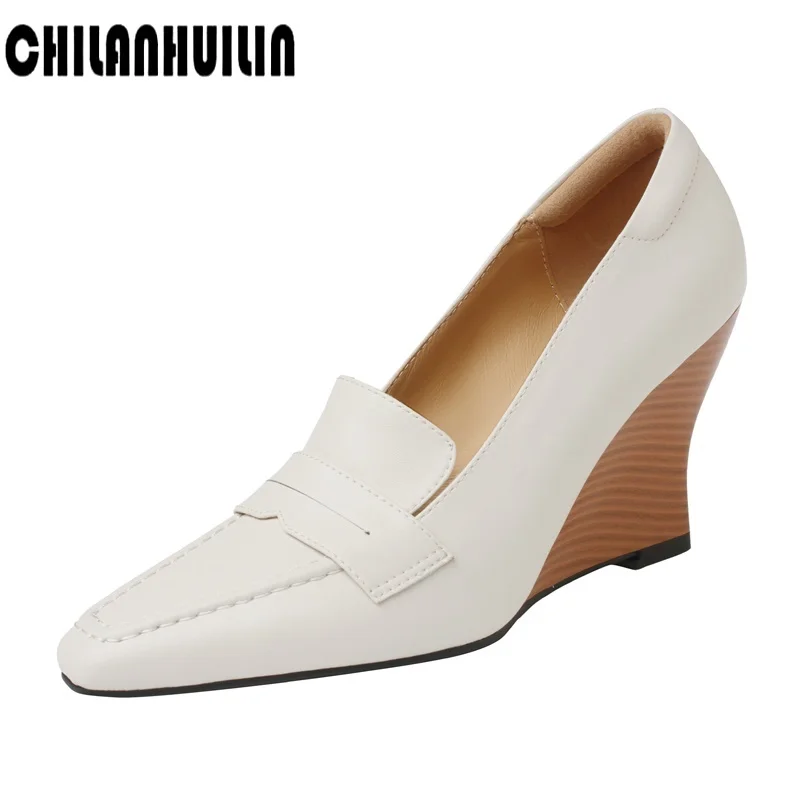 

classic wedges leather pumps shoes women casual fashion black beige nude high heels office lady wedding wedge shoes for woman