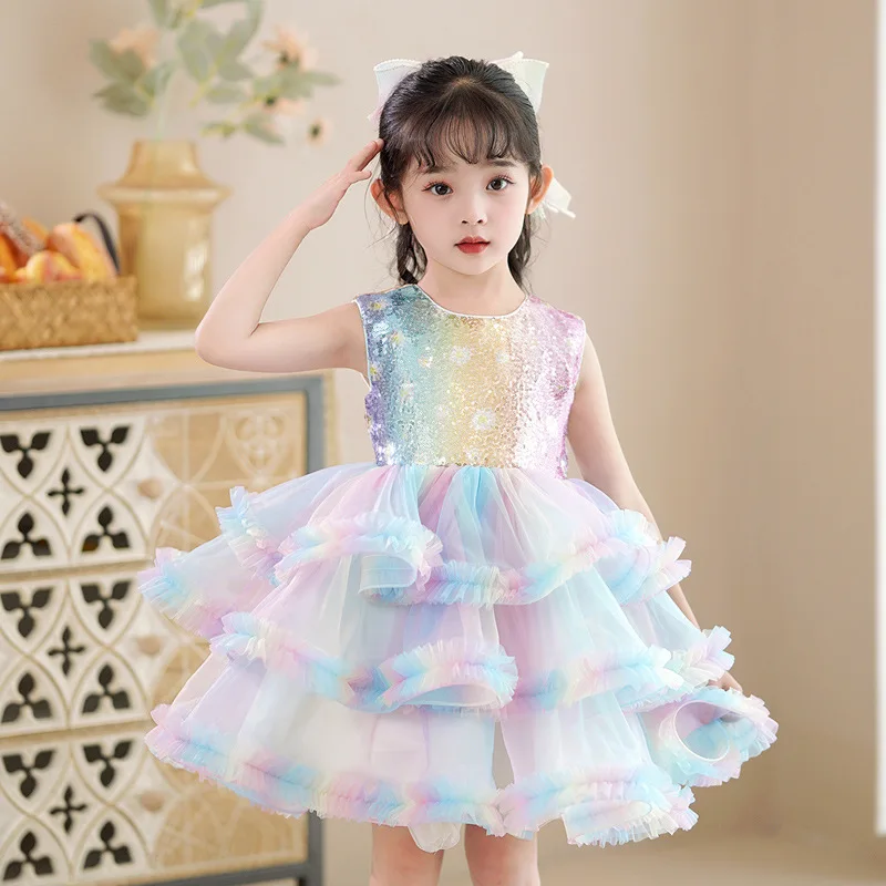 

2023 Princess Summer Dress for Baby Girls Children Rainbow Colors Sequined Tulle Tutu Dresses Kids Elegant Ball Gown for Party