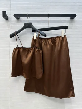 2025 Summer New Fashionable Retro Letter Patch Short Tank Top+Skirt Set Silk Smooth Satin Comfortable Simple Style 1