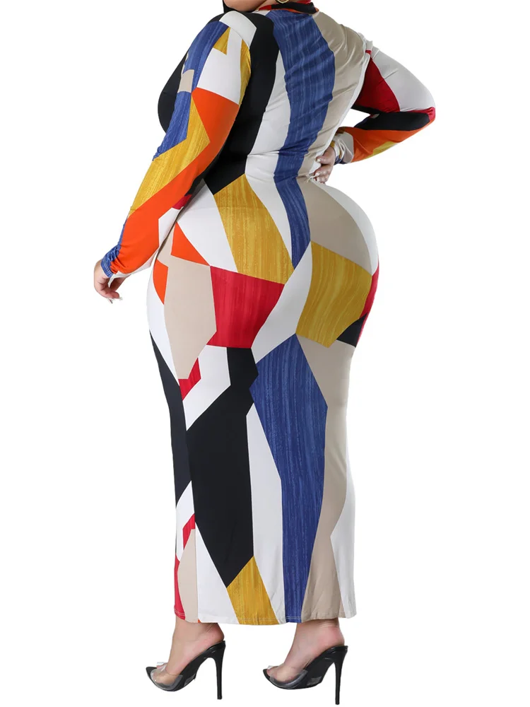 Wmstar Plus Size Dresses for Women Printed Fashion Long Sleeve Bodycon Stretch Fall Clothes Maxi Dresses Wholesale Dropshipping