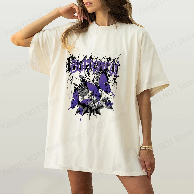 Purple Butterfly Graphic Unisex Cotton T-Shirt - Short Sleeve Summer Fashion Top in Plus Sizes