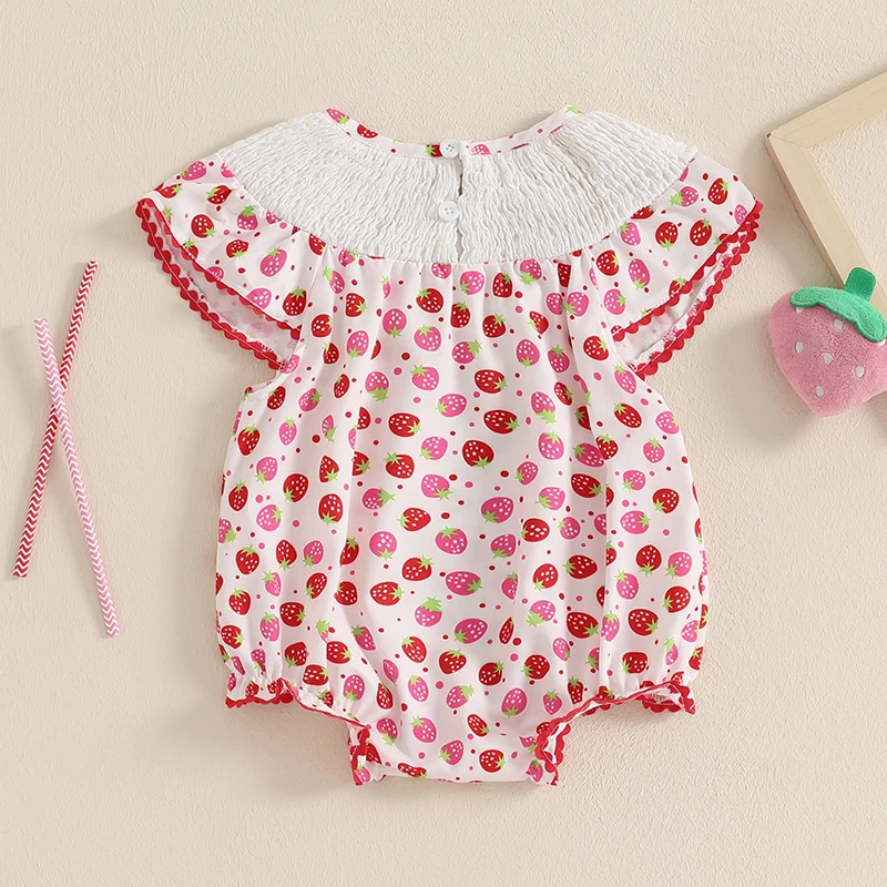 Baby Girl Strawberry Outfit Strawberry Print Smocked Romper Short Sleeve Jumpsuit Birthday Overall Summer Clothes 3