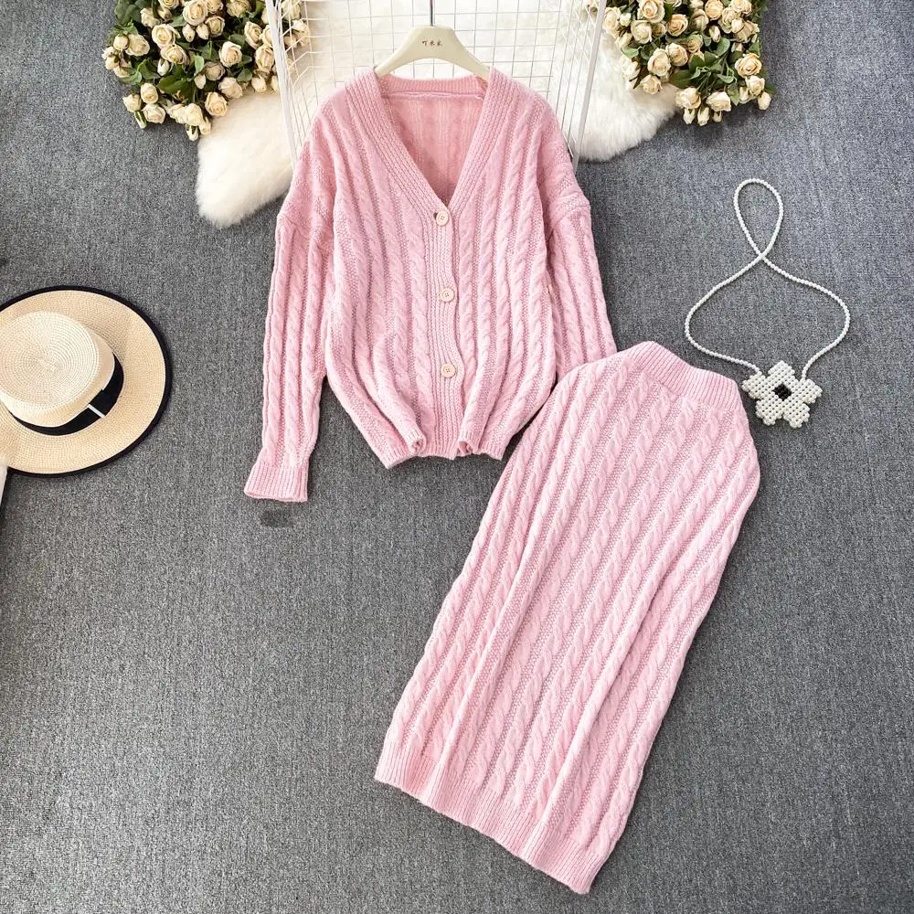 

Knitted Skirts Suit Autumn Women Fashion Elegant Ribbed Sweater Cardigans Bodycon Slim Saya 2 Pieces Set Female Chic Clothes