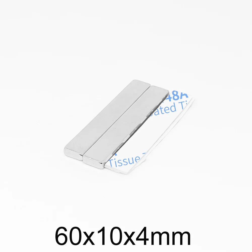 Imán de búsqueda de bloque fuerte con tira autoadhesiva de 3M, 60x10x4, 60x10x4, 2/5/10/15/20 piezas, 60x10x4mm, imán permanente NdFeB de 60x10x4