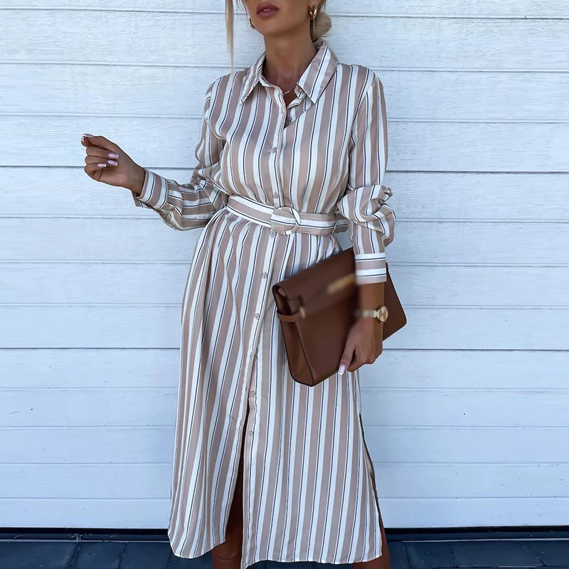 

Fashion Stripe Party Long Dress Elegant Office Lady Turn-down Collar Lace Up Dress New Autumn Casual Single Breasted Shirt Dress