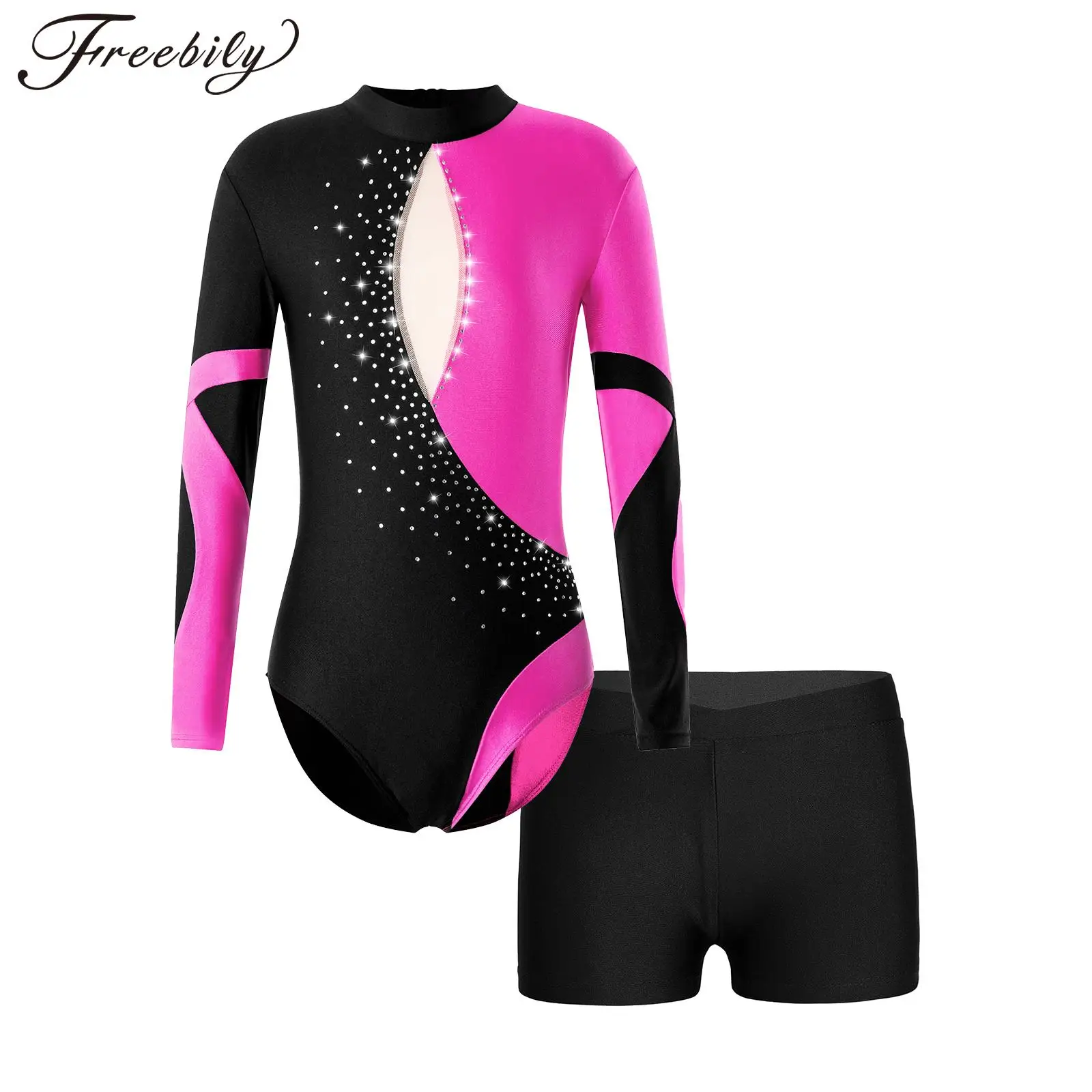 

Kids Girls Long Sleeve Shiny Diamond Ballet Dance Leotard Gymnastic with Athletic Shorts Sets for Dancing Tumbling Skating