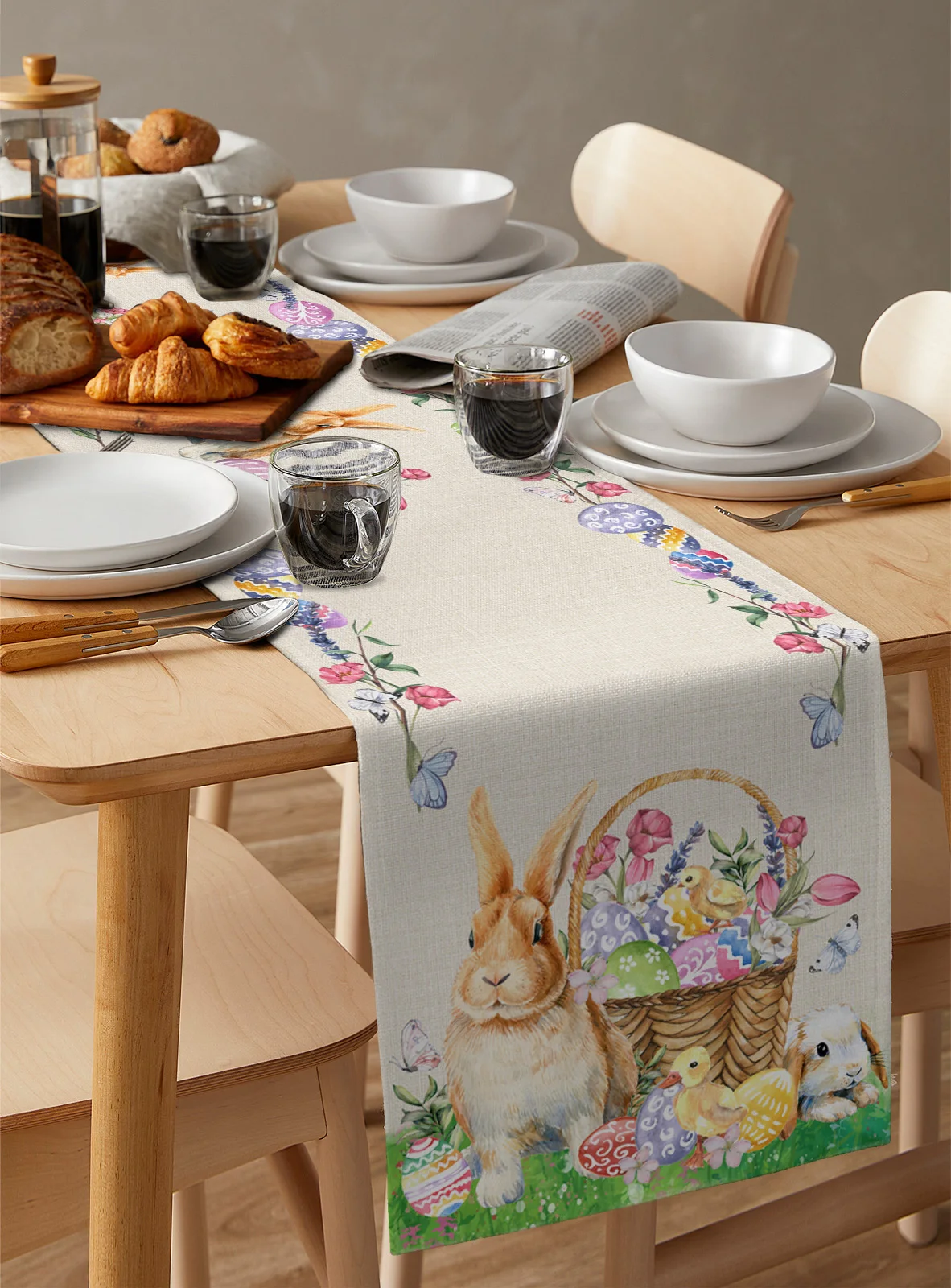 Easter Bunny Egg Duck Flower Table Runner for Dining Table Wedding Tablecloths Party Decor Table Cover Easter Decorations