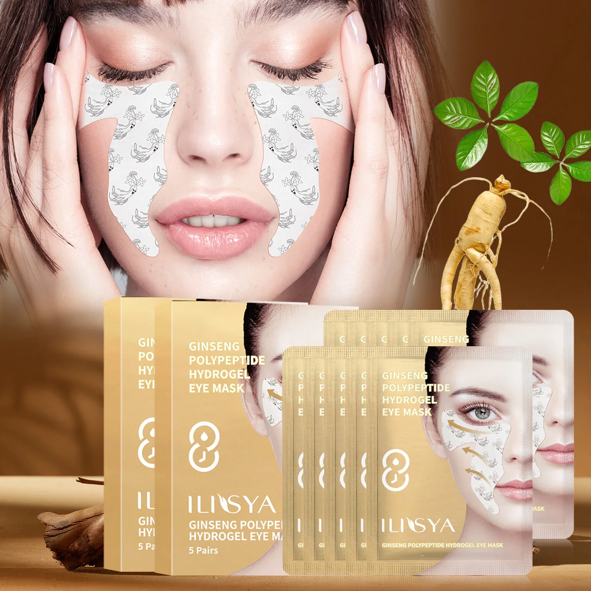 Ilisya 2 Boxes Anti-Wrinkle Overnight Firming Eye Mask Ginseng Polypetide Hydrogel Moisturizing Nasolabial Folds Eye Patch