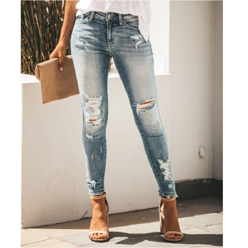 

Fall Women's Jeans Slim Slim Ripped Sexy Mid-waist Denim Pants Small Feet