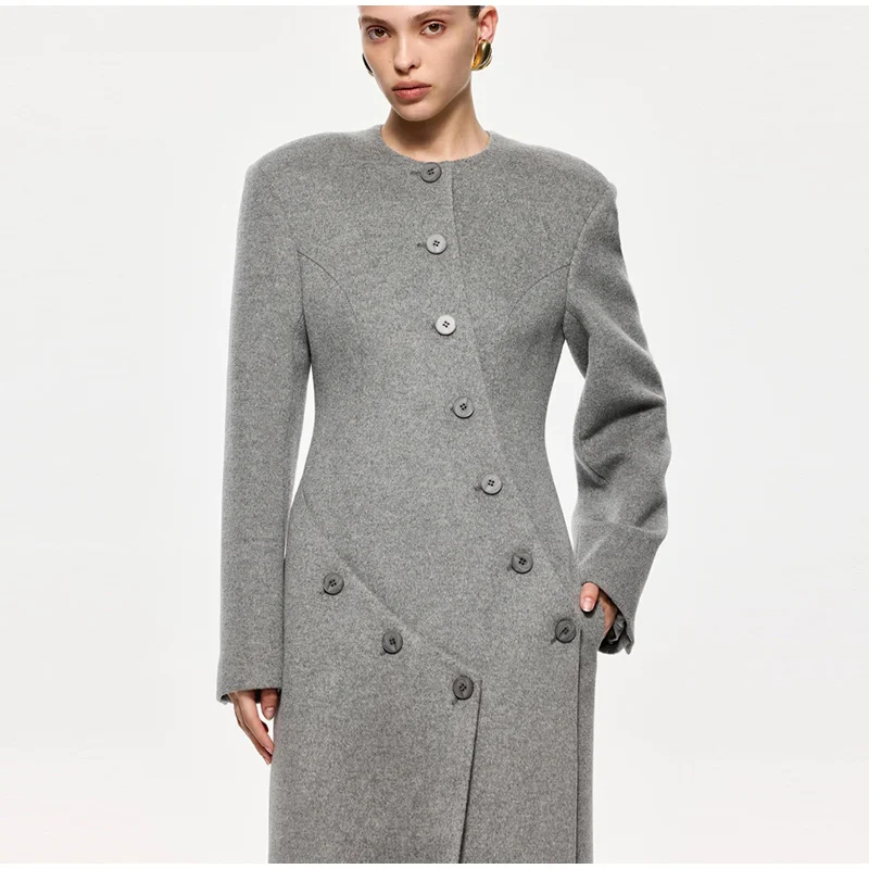 Women's Long Grey Woollen Coat O-neck Full Sleeve Asymmetric Button Design Elegant Silhouette Warm Outerwear 2025 Autumn Coat