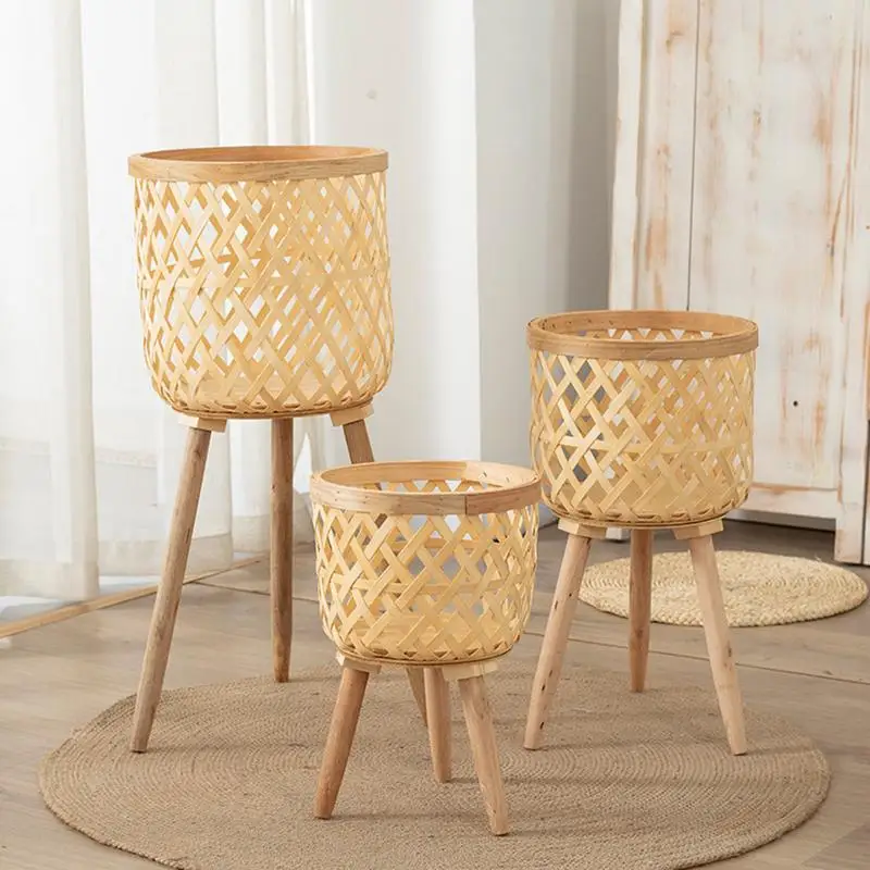 Handmade Bamboo Woven Flower Pot with Stand Plant Flower Display Storage Stand for Indoor Flower Pots Rustic Home Decoration