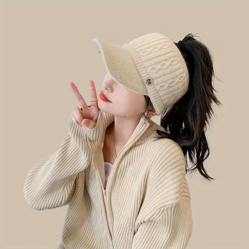 1pc Knitted Elastic Ponytail Baseball Cap, Autumn and Winter Warm Woolen Cap, Empty Top Cap, Outdoor Sports Cap, Warm Cap