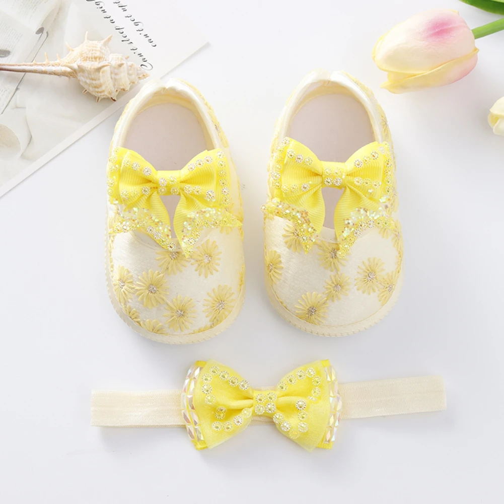 

Jlong 0-12 Months Infant Non-Slip Bowknot Shoes Newborn Princess Wedding Shoes Baby Girls Flats First Walkers + Hair Band Set