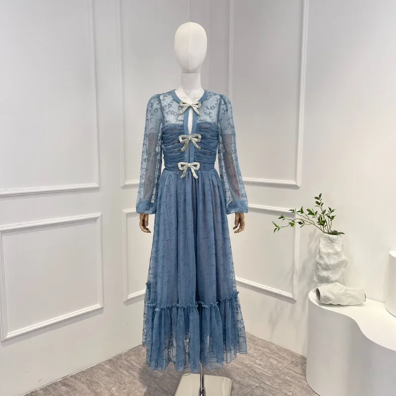 

2023 Fall Winter Fairycore Blue Top Quality Women Fashion Clothes Bow Hollow Lace Long Sleeve Midi Dress