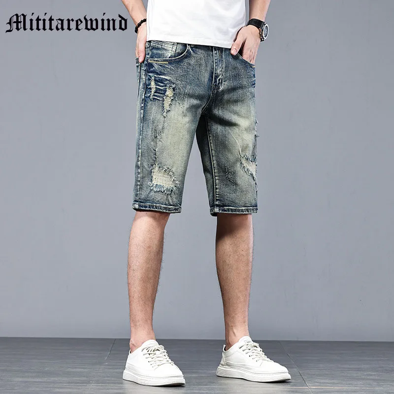 

Summer 2023 Punk Style Jeans For Men Retro Blue Simple Knee Length Ripped Vintage Fashion High Street Denim Thin Pants Male