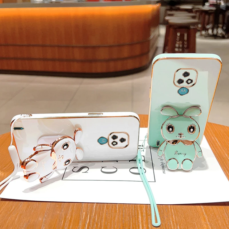 3D Rabbit Astronaut CaseFor Motorola Moto G53 E7 G8 Power G9 Play G50 G20 G30 G60 G82 E20 Edge 20 Folded Bracket Plating_voghion.com