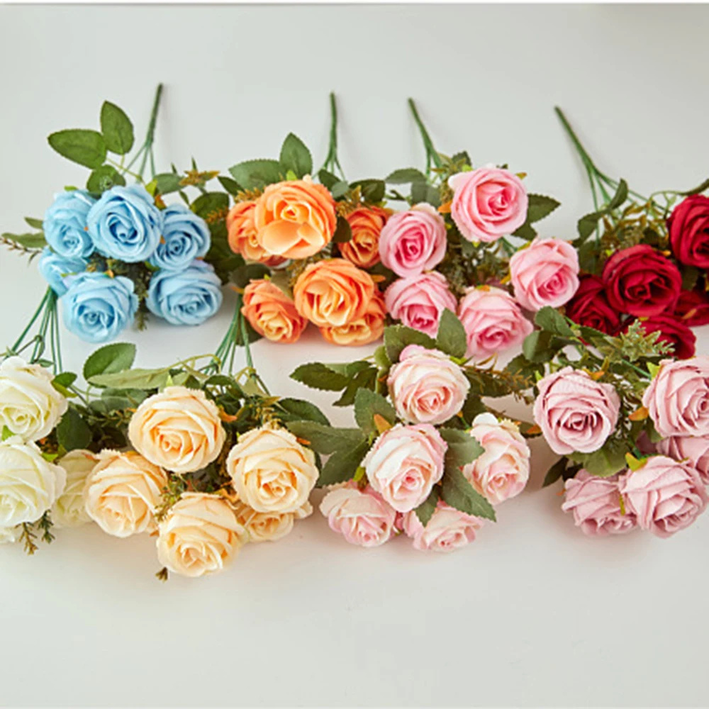 30cm Rose Pink Artificial Silk Flowers Bouquet for Cemetery 6-Heads Big Rose Peony Fake Flower for Wedding Home Table Decoration