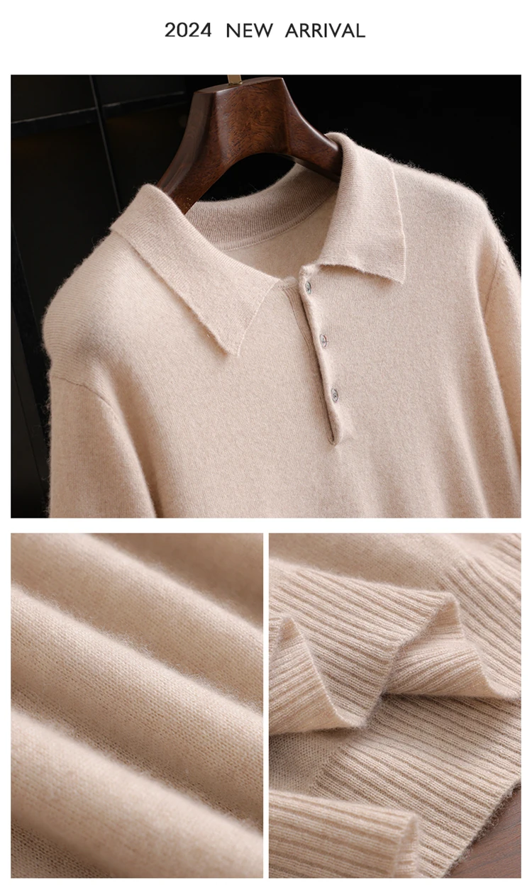 قميص بولو رجالي قصير الأكمام من الكشمير 100٪ للأعمال والملابس غير الرسمية، سترة للربيع والصيف