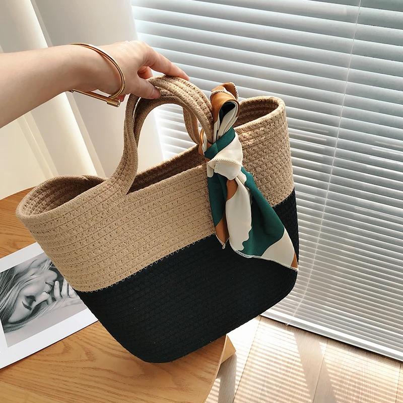 

Contrast Color Cotton Woven handbags for women Large Capacity Braid totes bag Cotton Handwoven women hand bags shopper beach bag
