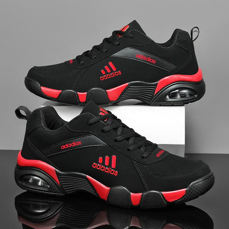 Trendy Men's Running Shoes Casual Sporty Black Cowhide Leather Upgraded PU Sole Comfortable All-Season Low Top Lace-Up Sneakers 3