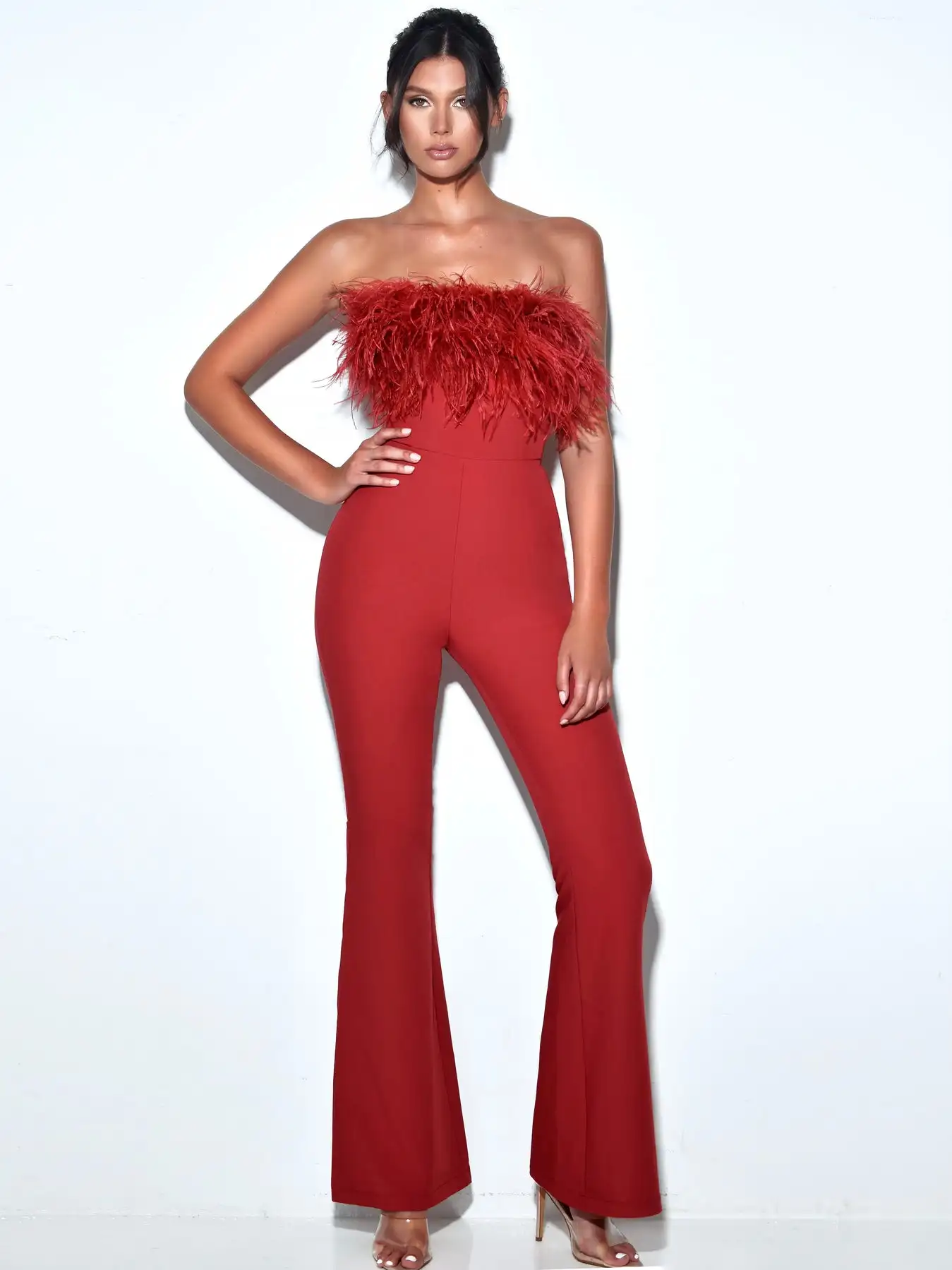 

2023 Red Black Women Sexy Off Shoulder Bodycon Long Length Backless Jumpsuit Featehrs Elegant Evening Party Celebrate Jumpsuit