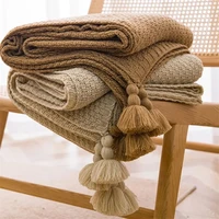 Nordic Blankets for Bed Sofa Couch Chunky Knit Bedspread Knitted Throw Blanket with Tassel Plain Color Waffle Embossed Blanket 1