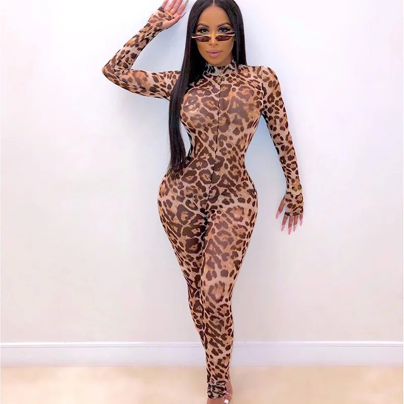 Sexy Leopard Print Jumpsuit Club Outfits for Women Party Midnight Mesh Bodycon Rompers Womens Jumpsuit Dance One Piece Overalls women s sexy sheer mesh leotard bodysuit see through metal chain strap backless bodycon jumpsuit short for party clubwear