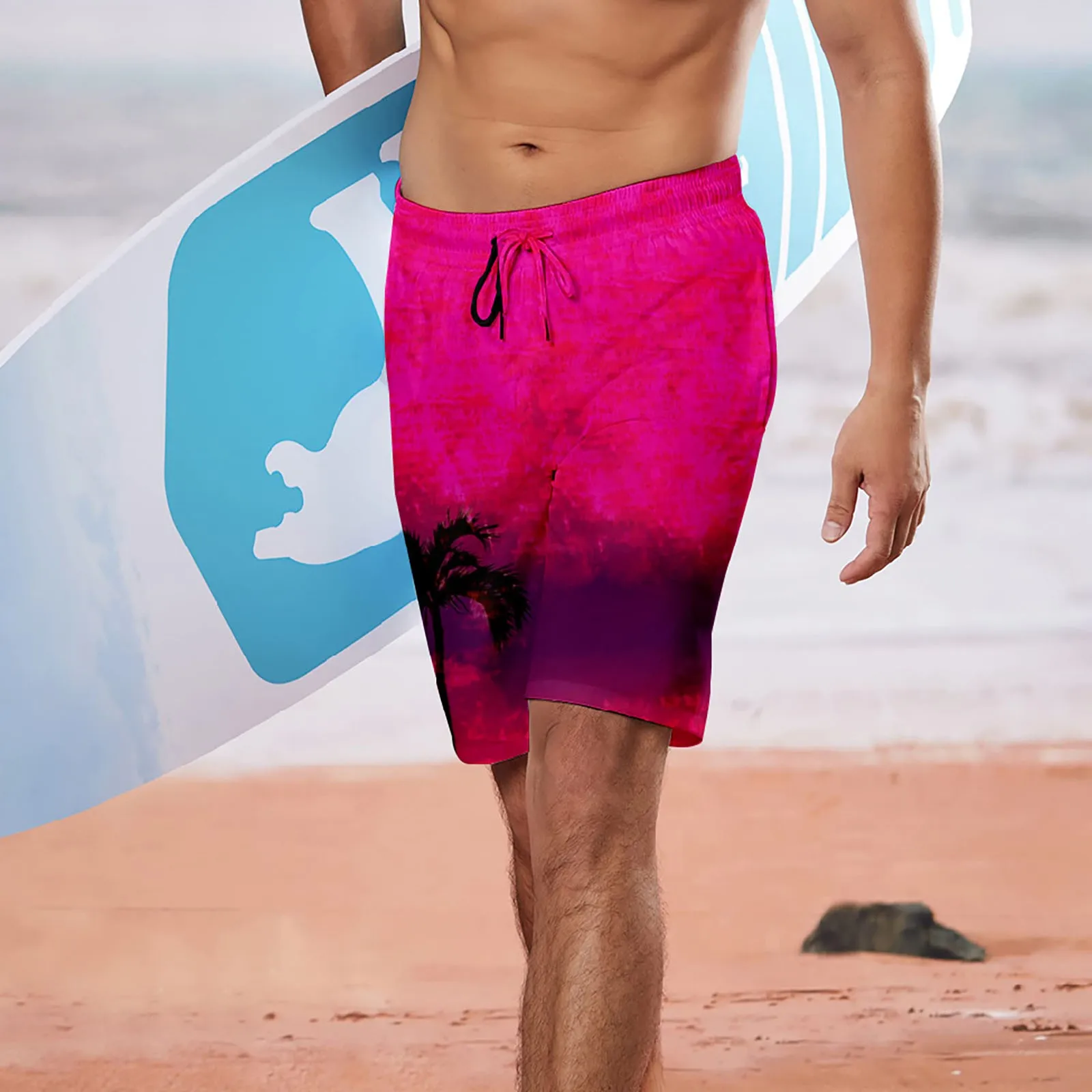 

Men'S New Board Shorts Stylish Tie-Dye Color Contrast Trunks Loose Drawstring Breeches Knee Shorts Summer Beach Surfing Swimwear