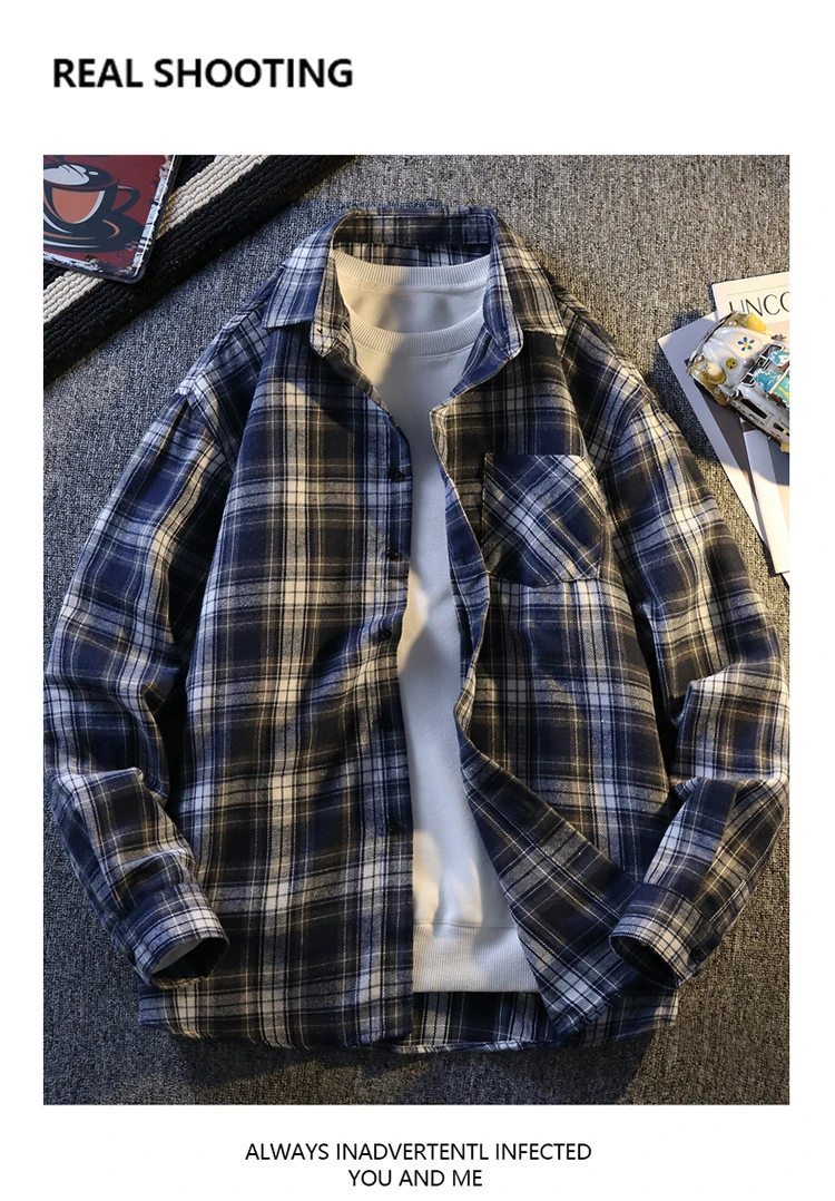 Männer Kariertes Hemd Jacke Casual Lange ärmeln Streetwear Junge Erwachsene Koreanische Mode High Street Outwear Frühling Mann Kleidung top – Detail 9