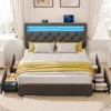Queen Size Bed Frame with Charging Station and LED Lights, Upholstered Bed with Adjustable Headboard and 4 Storage Drawers 1