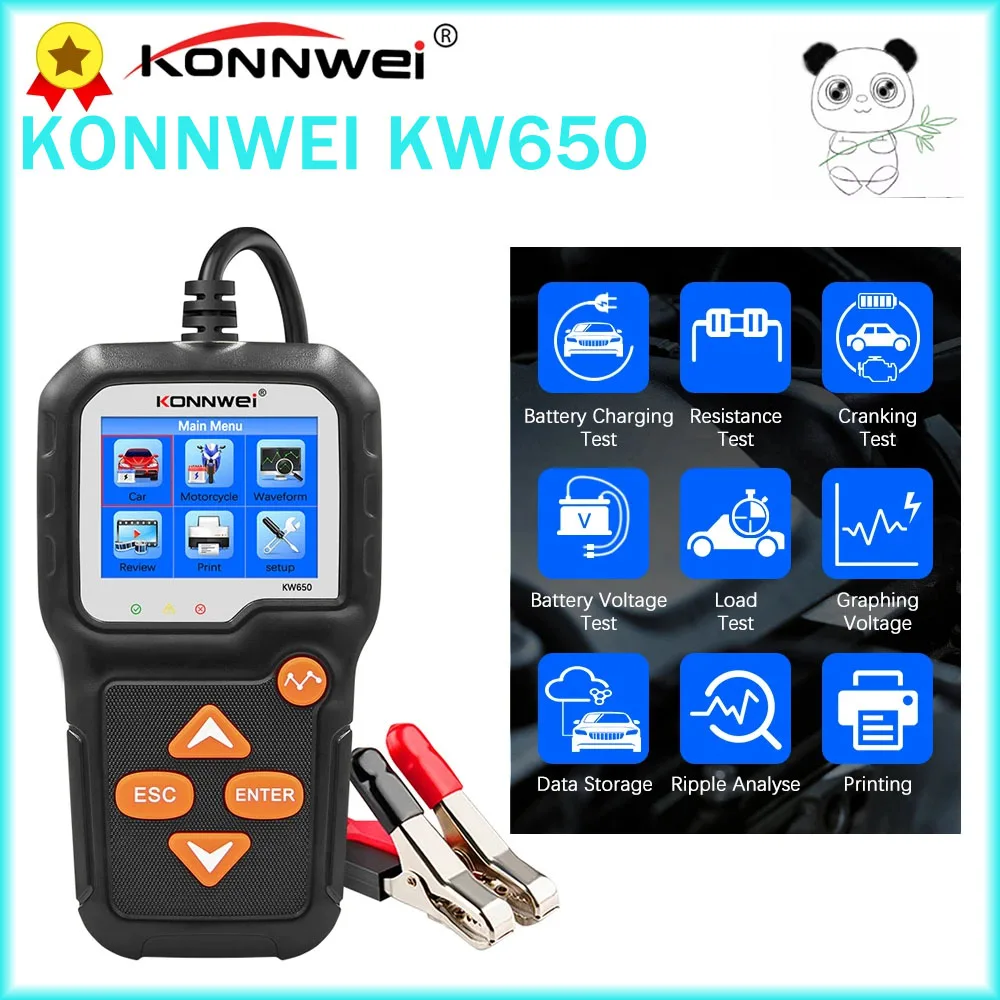 

KONNWEI KW650 Car Motorcycle Battery Tester 12V 6V Battery System Analyzer 2000CCA Charging Cranking Test Tools for the Car