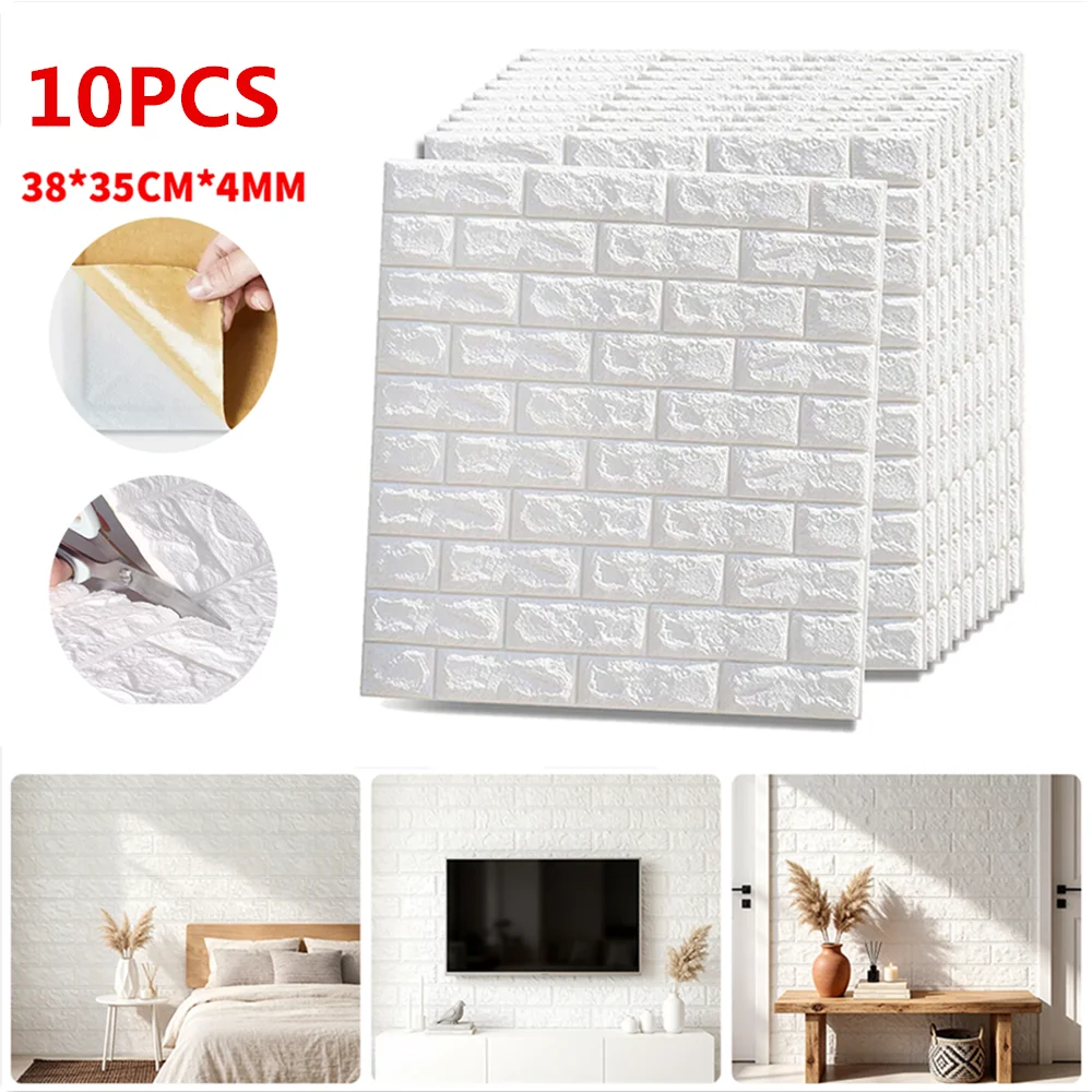 10PCS Self Adhesive Wallpaper 3D Foam Wall Stickers Panel Living Room TV Background Home Decor Peel and Stick Waterproof Brick Sticker