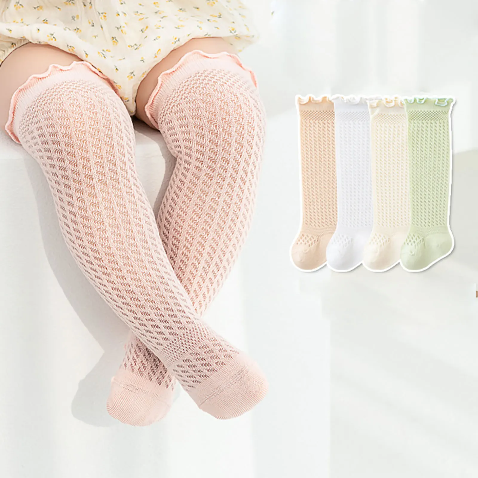 

5 Pairs Baby Girls Boys Ruffled Knee High Socks Hollow Out Breathable Anti-skid Stockings Toddler Kids Summer Casual Long Socks