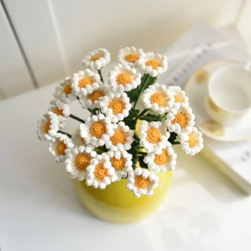 Finished 10pcs Hand-knitted Handmade Yarn Crochet Sunflower Bouquet Decorative Wedding Artificial Daisy Flowers Home Decoration