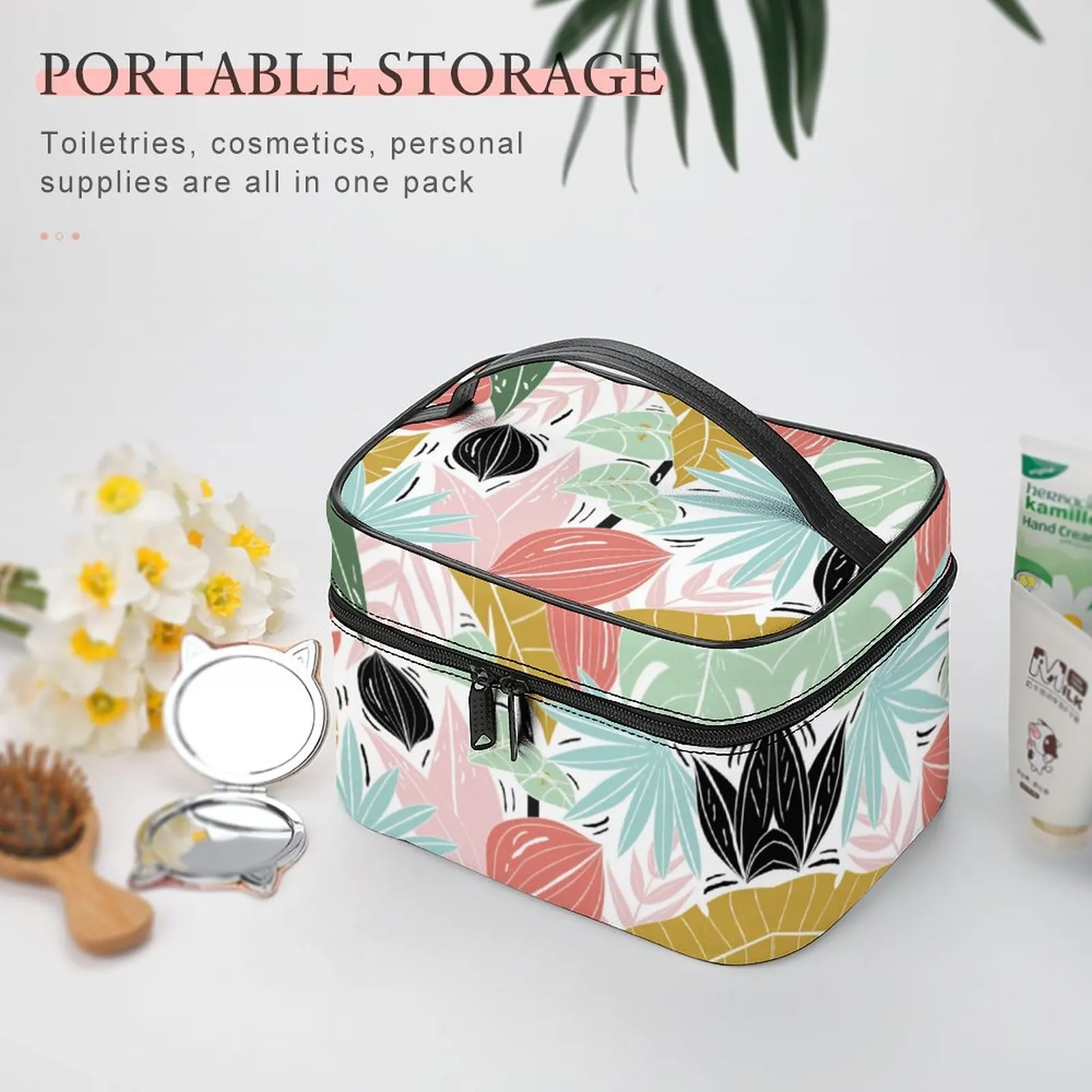 Customized Pattern Makeup Bag Outdoor Travel Makeup Bag Colorful Leaf Print Cosmetic Bag Toiletries Organizer Storage Wash Bag