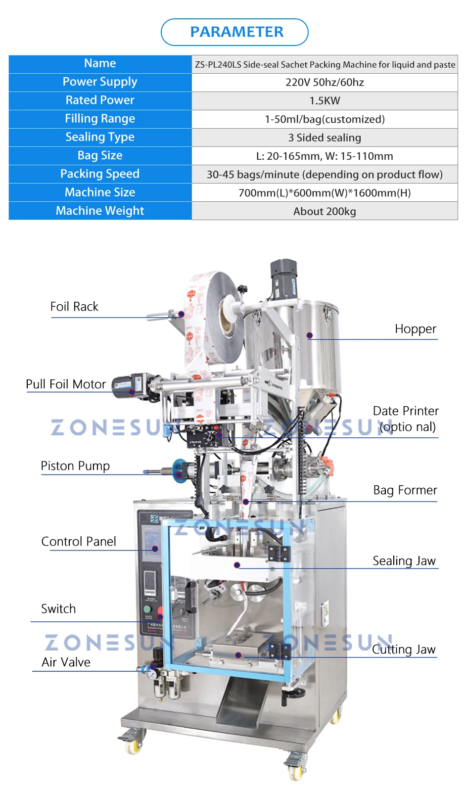 ZONESUN ZS-PL240LS Соус, специи, мед, пакетик, кетчуп, упаковка, жидкая паста, наполнитель, запайка, машина с функцией нагрева смешивания 