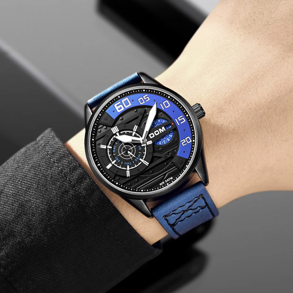 DOM Men's Quartz Watch sports waterproof personality luminous fashion military style multi-function Leather watch M-1328