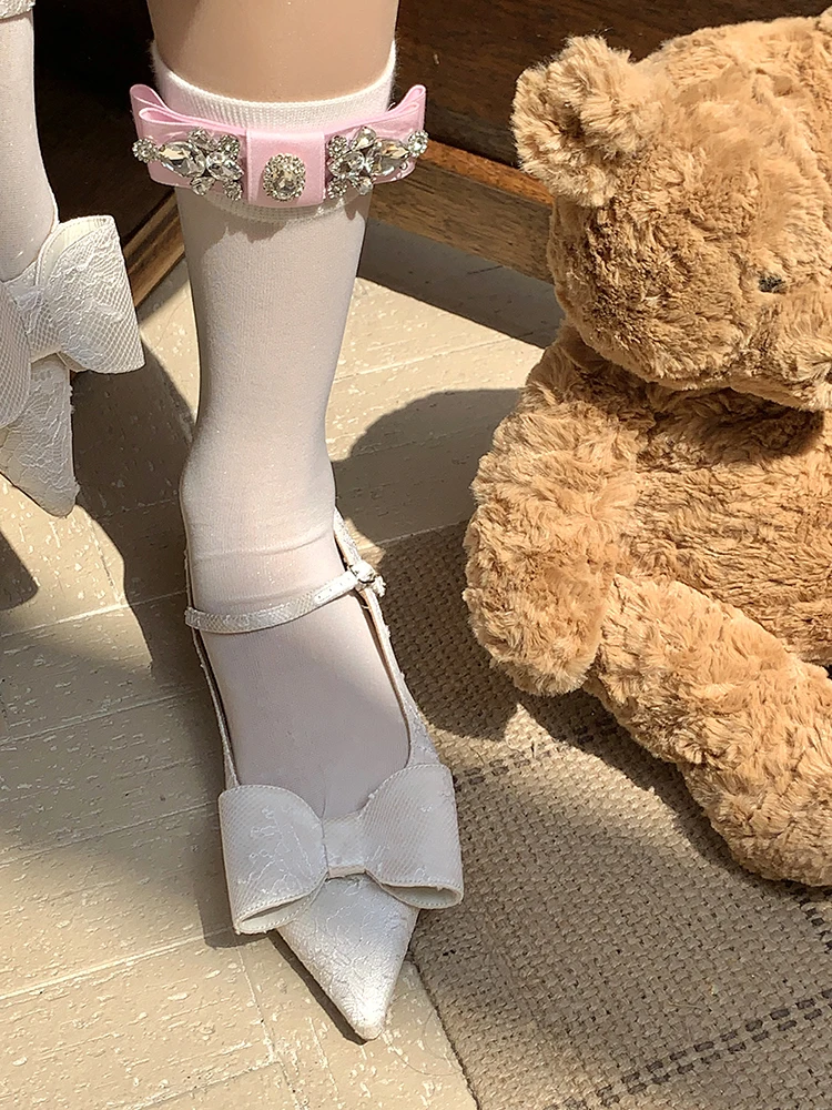 Fashion Socks Full Diamond Bow Socks Pearlescent Transparent Thin White Stockings Japanese Style Kawaii Socks For Women Girls