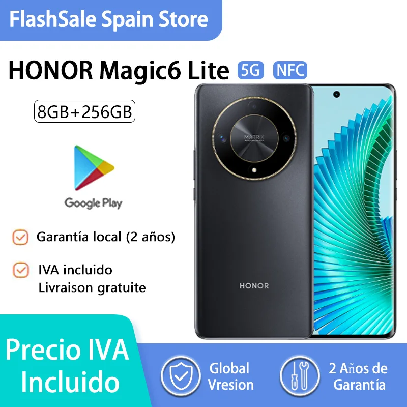 HONOR Magic6 Lite 5G，NFC，Qualcomm Snapdragon 6 Gen 1,Cámara principal de 108 MP,Carga de 35 W，120HZ,Certificado SGS de 5 estrellas,Versión global