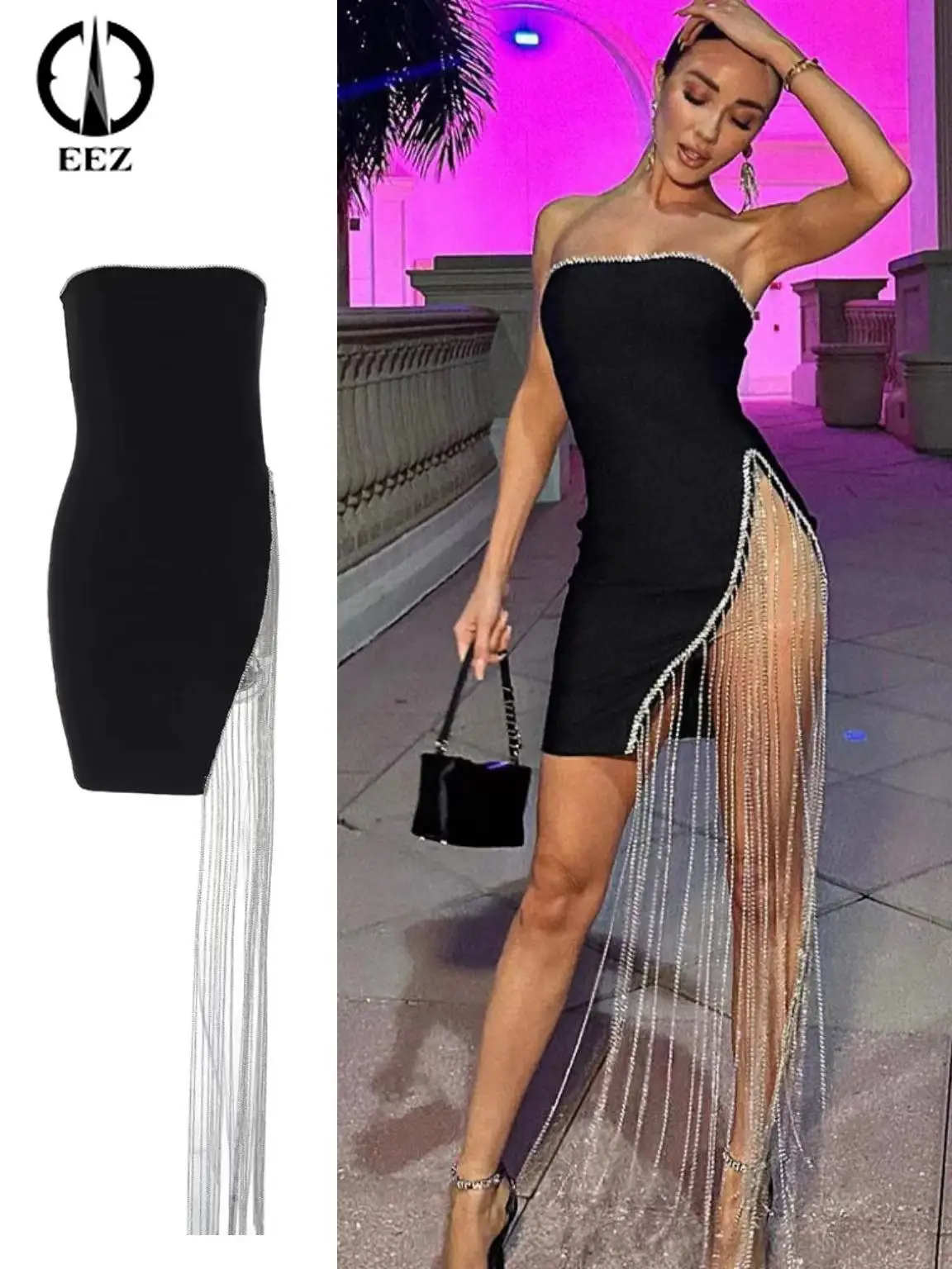 

Luxury Rhinestone Chain Fringe Asymmetric Split Dresses Women Strapless Slim Tassels Black Mini Dress Party Coquette Streetwear