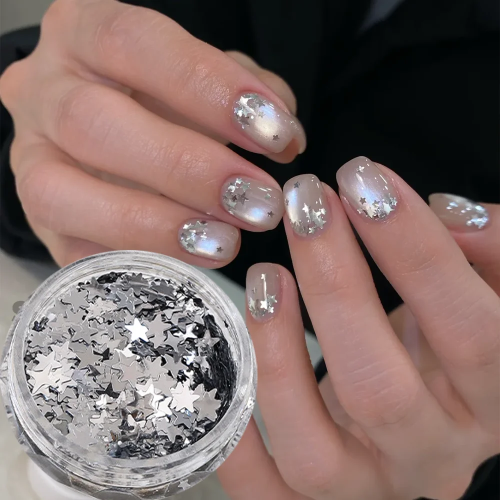 1 Box 3D-Silberstern-Nagelkunst-Pailletten, gemischte Größen, 1–3 mm, Starlight-Nägel, Glitzerflocken, glitzerndes Pentagramm, Maniküre, Pailletten-Dekor – Detail 4