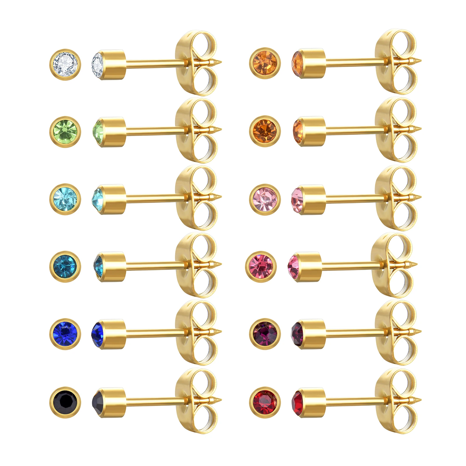 12 Pairs Ear Piercing Stud Earrings,Surgical Stainless Steel Multicolor Cubic Zirconia