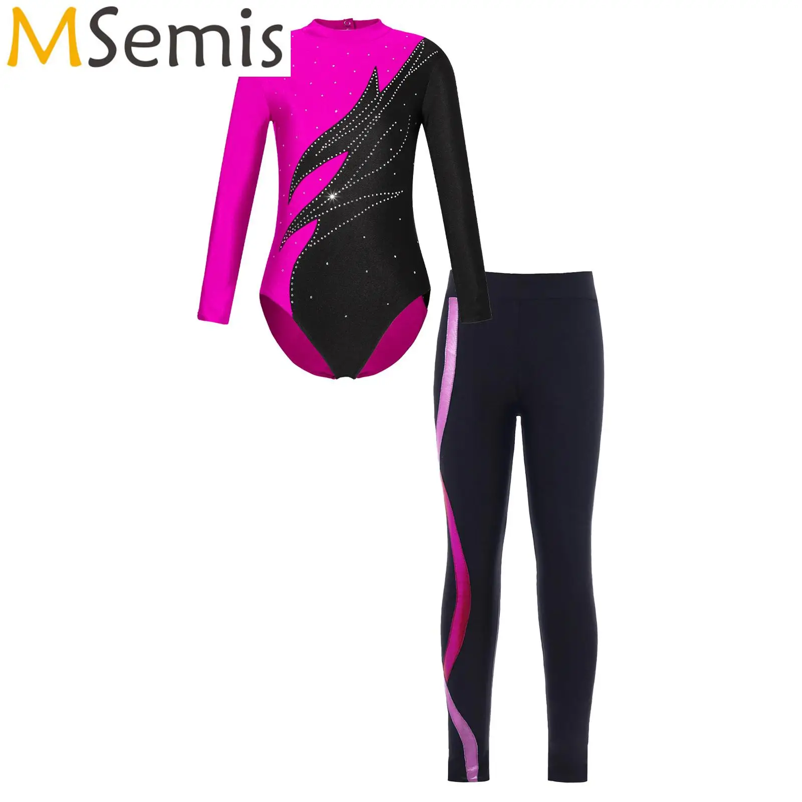 

Kids Girls Long Sleeve Ballet Dance Outfits Contrast Color Gymnastic Leotard with Sport Leggings Dancing Set for Ballet Skating