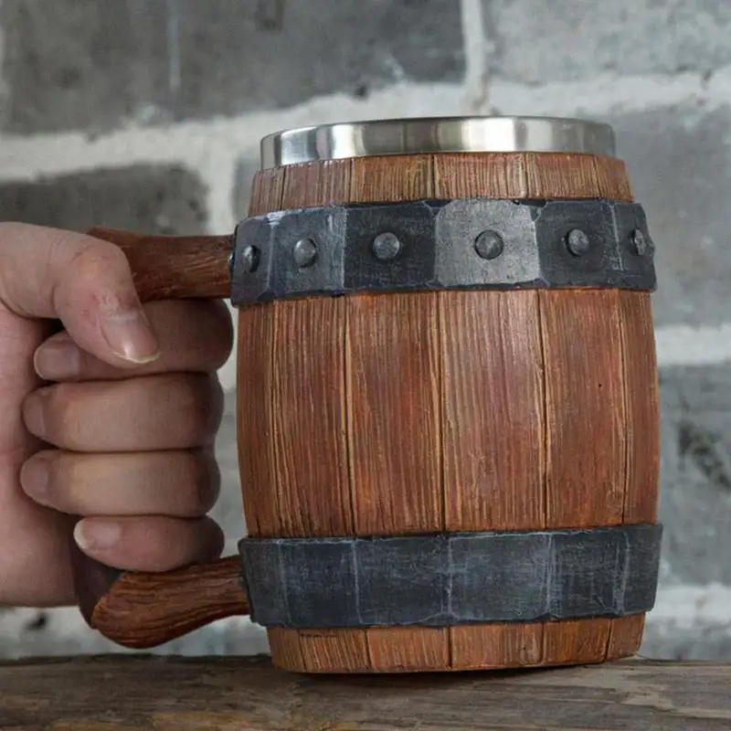 OTARTUDE Chope à bière vintage imitant le bois, style viking médiéval rétro en acier inoxydable, 500 ml, cadeau unique