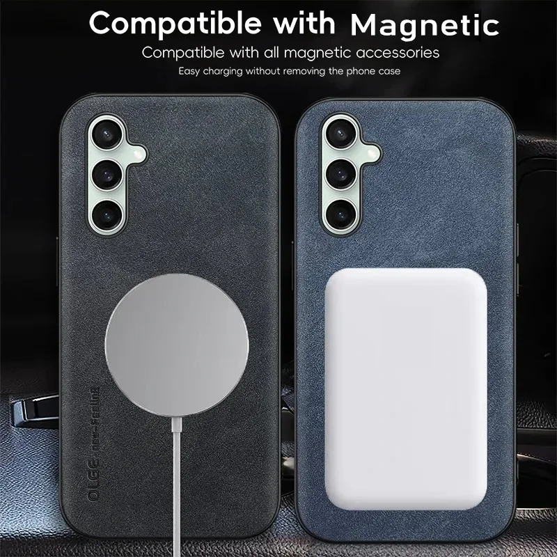 Leather Magnetic Case with MagSafe Compatibility - Shockproof & Wireless Charging Back Cover