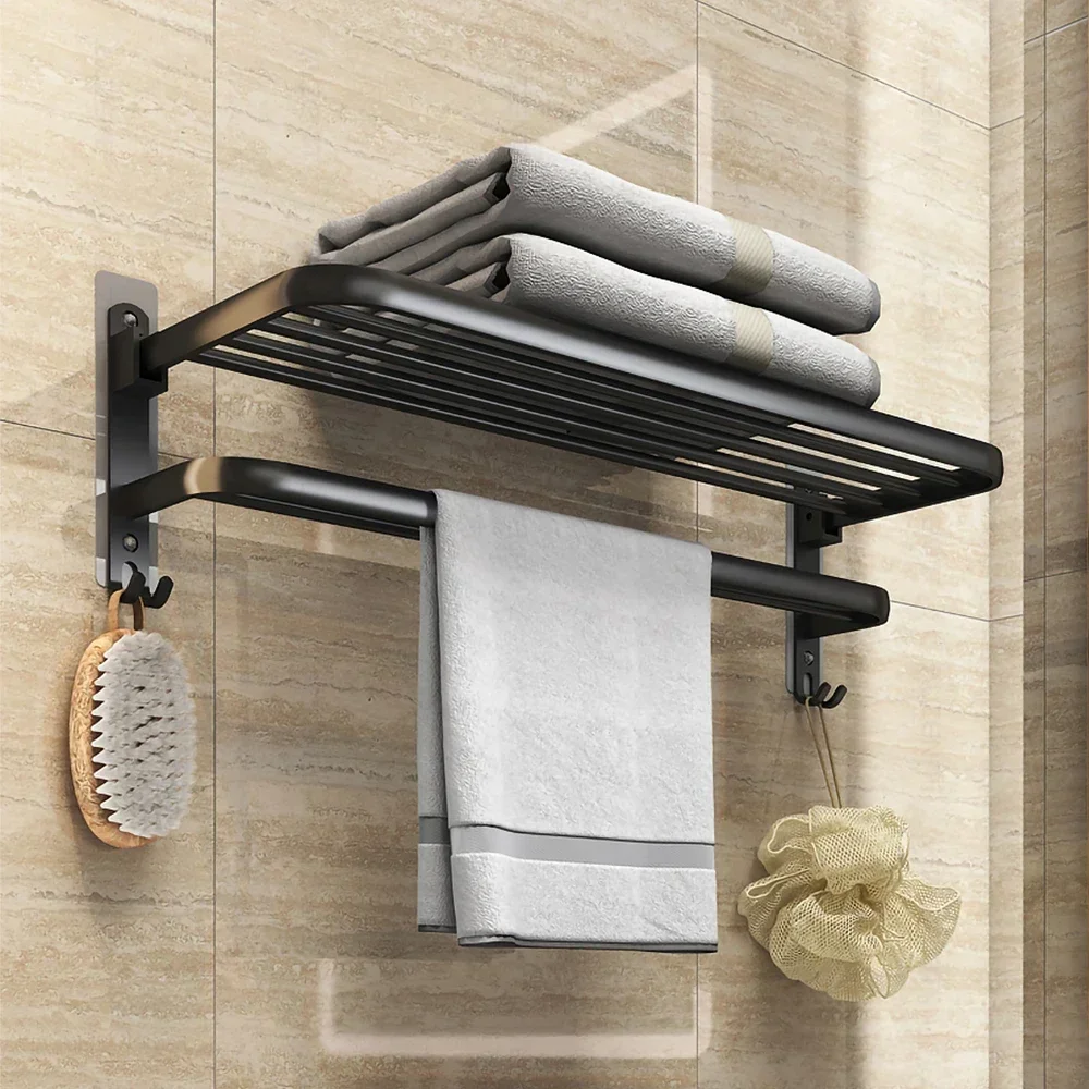 Matte Black No Drilling Towel Rack Movable Holder With Hook Wall